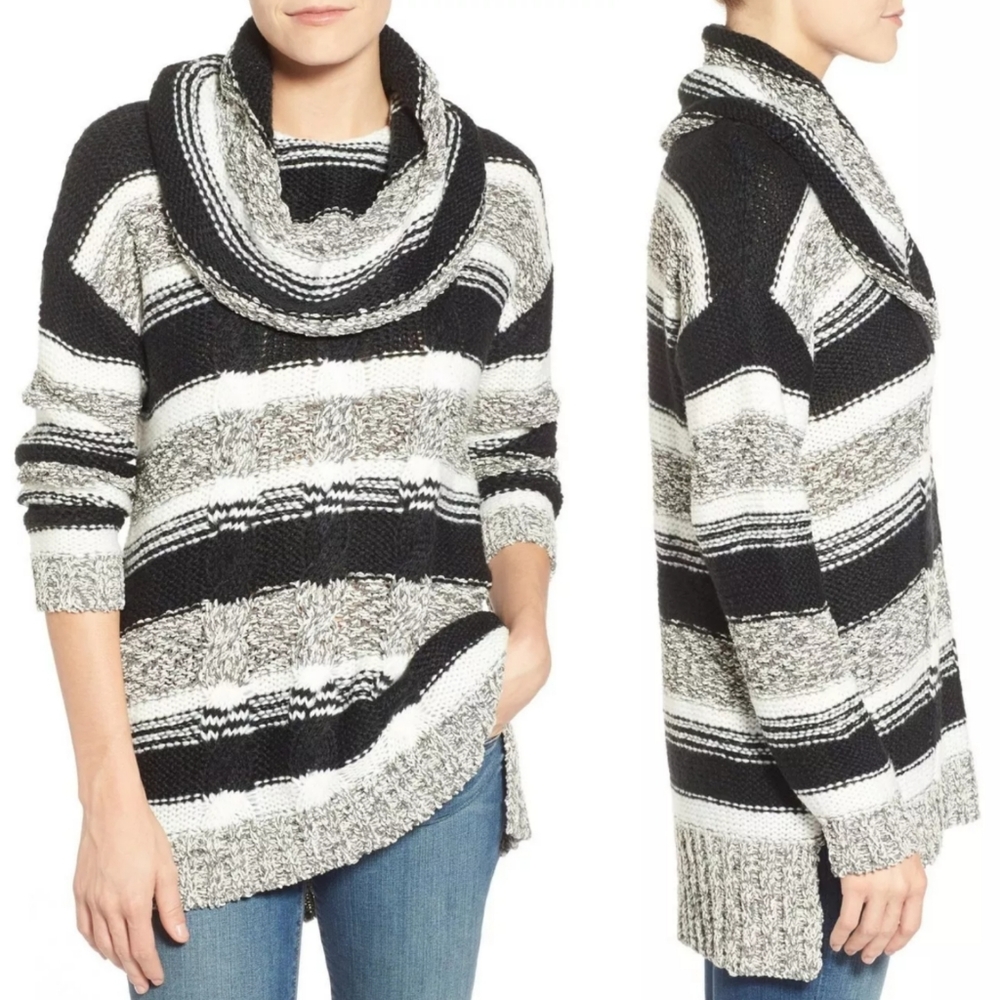 KENSIE Stripe Cowl Neck Sweater, Black/White, XL